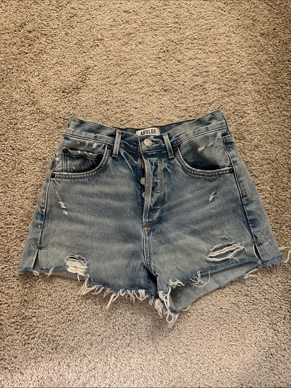 Agolde Light Blue Distressed High-Rise Jean Shorts